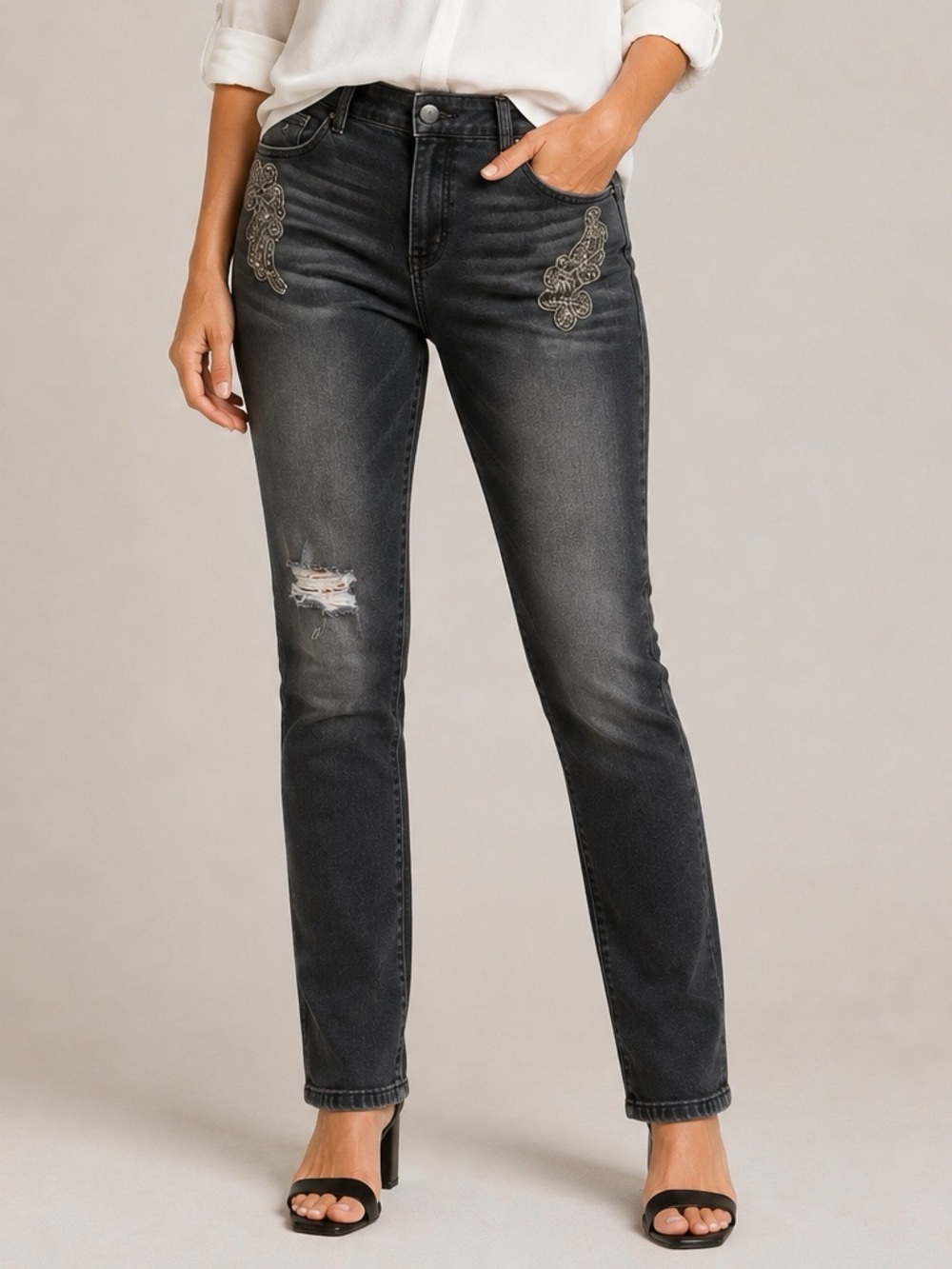 Democracy Beaded Flex-ellent Girlfriend straight Jeans black Distressed size 10